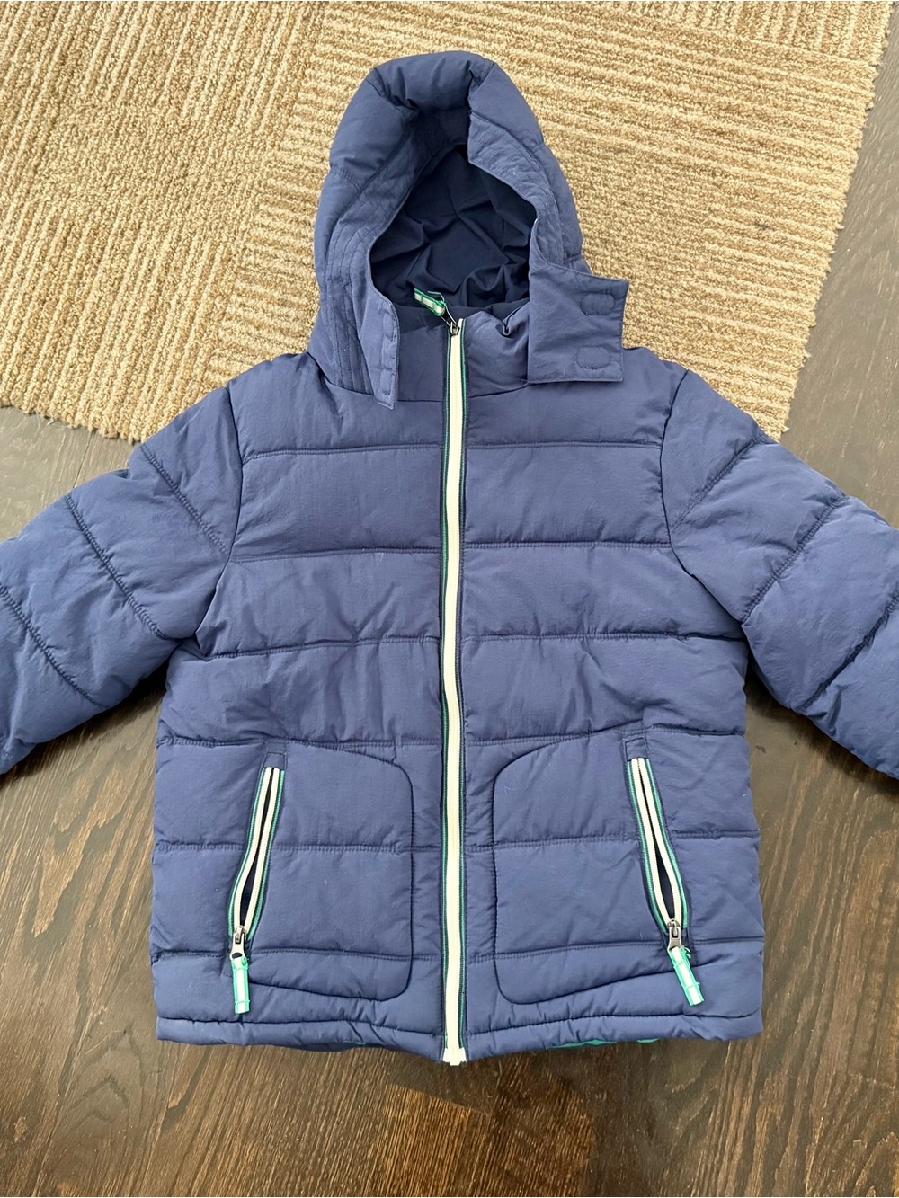 Mini Boden Sz 11-12 Super Warm Navy Puffer Hooded Winter Coat with Contrast Trim